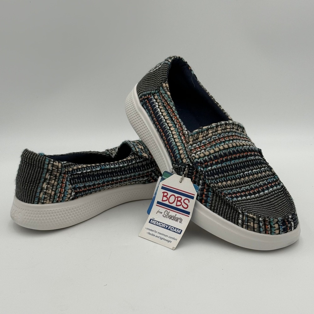 Skechers BOBS Women 9 Men 7 Slip On Shoes Multi Color Woven 113774/NVMT NEW